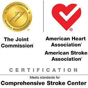 The Joint Commission and American Heart Association/American Stroke Association badge indicating certification as a Comprehensive Stroke Center