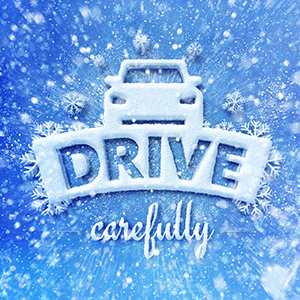 Image of car made with snow, text reads &quot;Drive Carefully&quot;