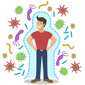 man with cartoon protective barrier against diseases
