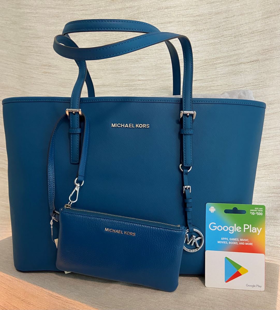 blue michael kors purse, wallet, and google play gift card