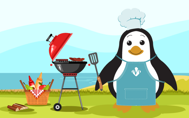waddles the penguin grilling outside