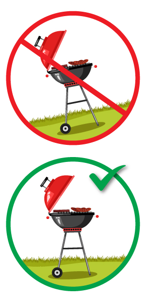 a comparison of a grill placed on a level surface (good) versus a grill on a slope (bad)