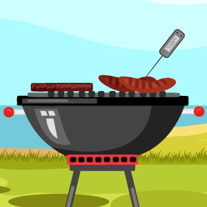 illustration of a thermometer taking the temperature of meat on the grill