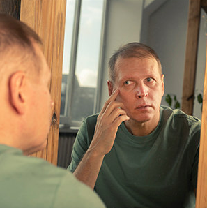 man checking for moles in the mirror